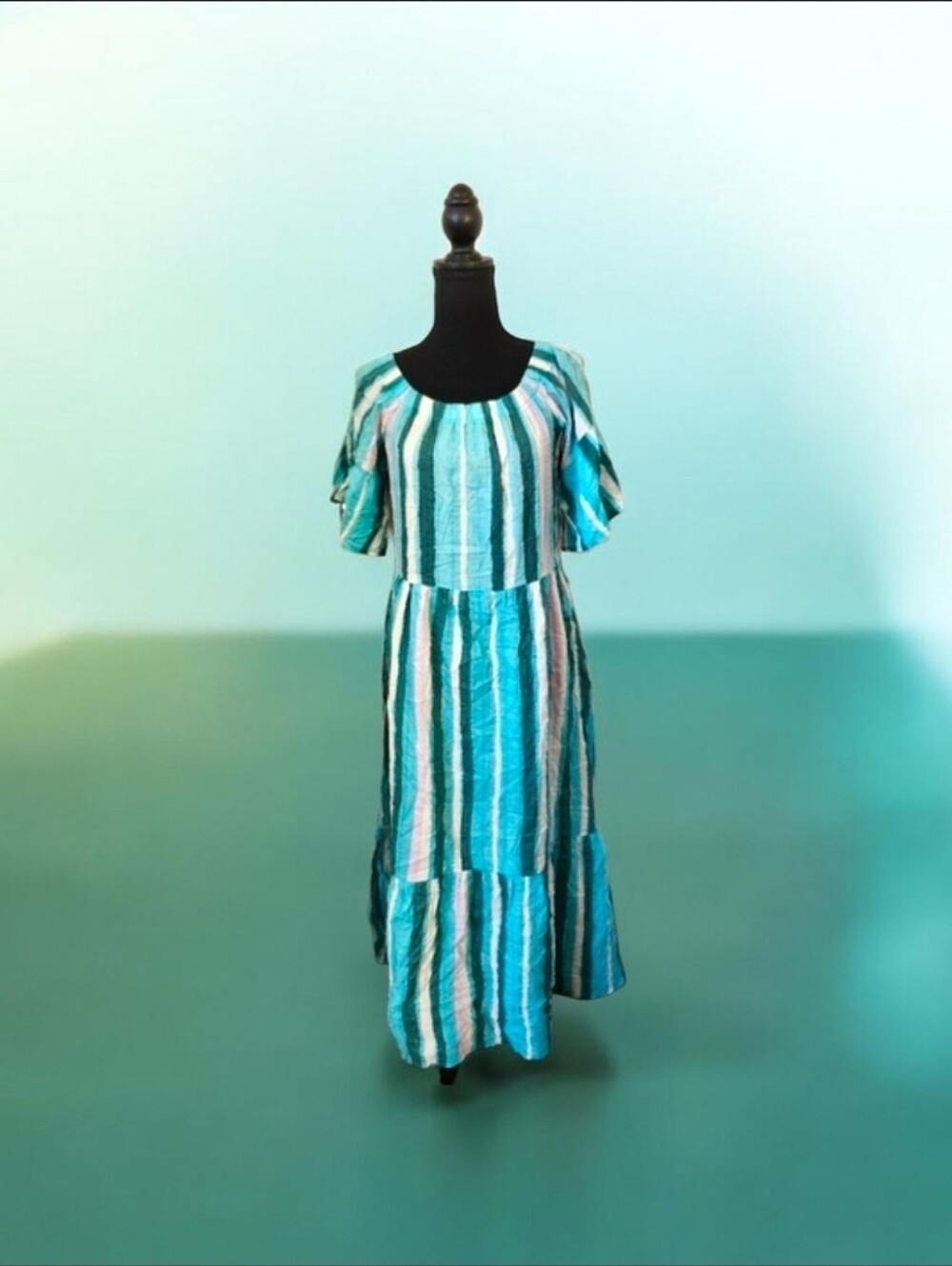 Greece Boutique Striped Teal Blue and White Ruffle Maxi Dress 1